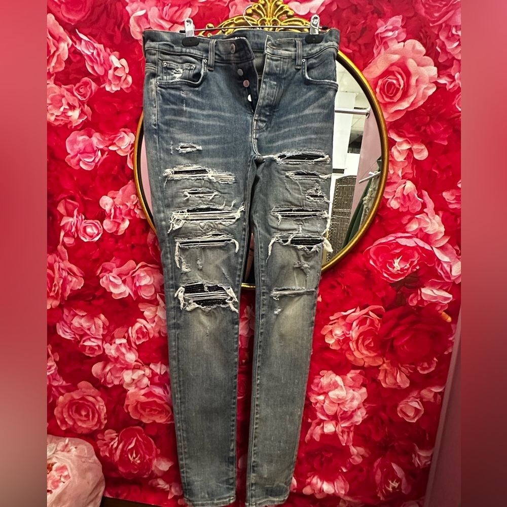 AMIRI Distressed Skinny Jeans - Washed Gray Blue